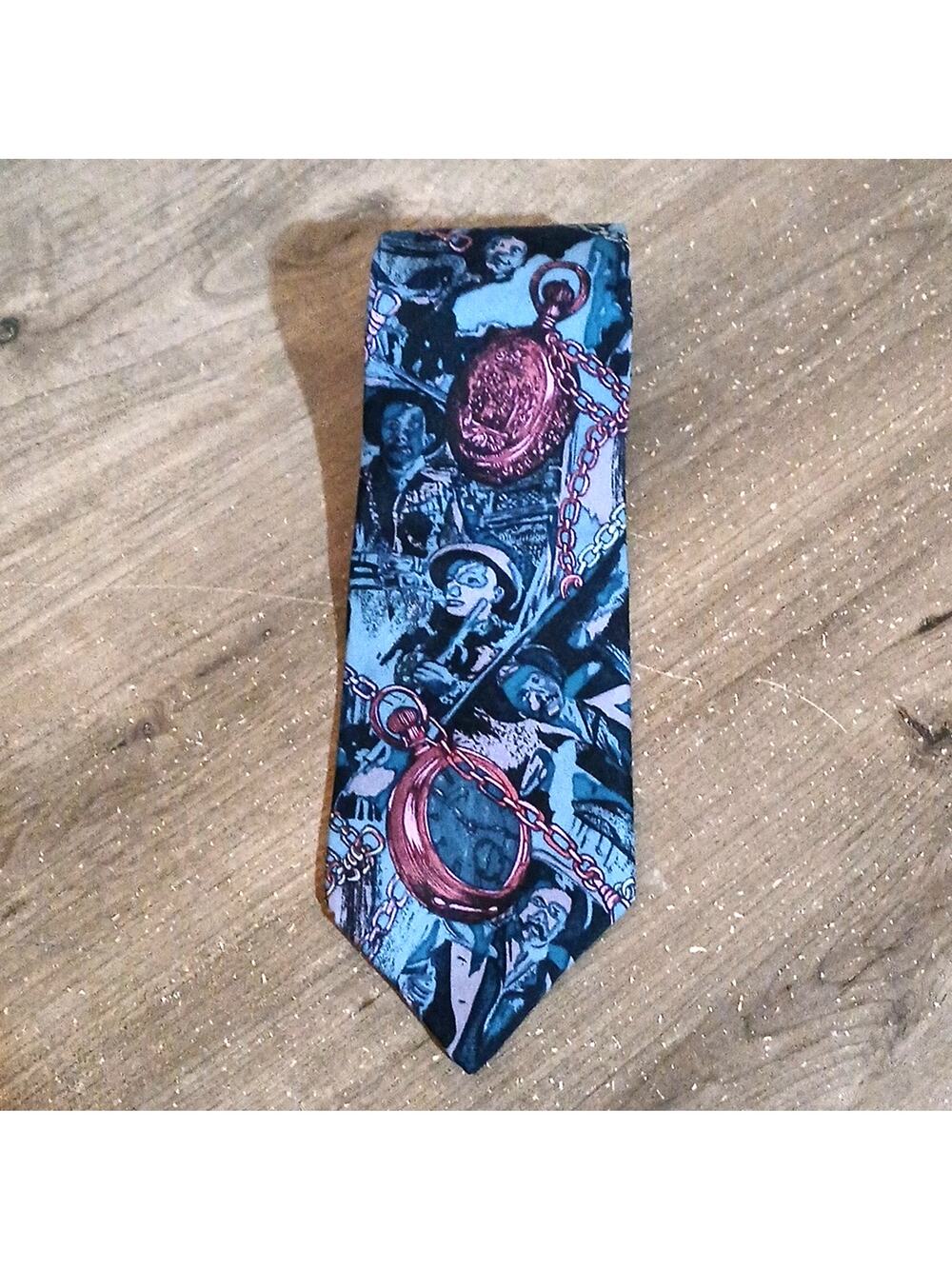 Vintage Moores 100% Silk Tie Pocketwatch And Figures Print